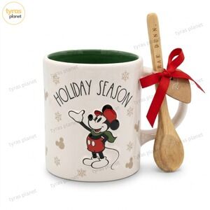 NEW Rae Dunn Holiday Season Mickey Mouse Mug & Wooden Spoon, Green Interior